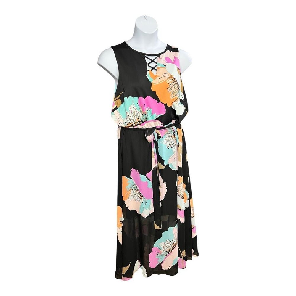 Lane Bryant Black Floral Maxi Dress Criss-Cross Belted Waist  Women Plus Size18